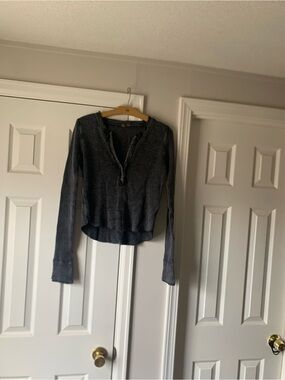 Free People Charcoal Gray Ribbed Henley Thermal Top